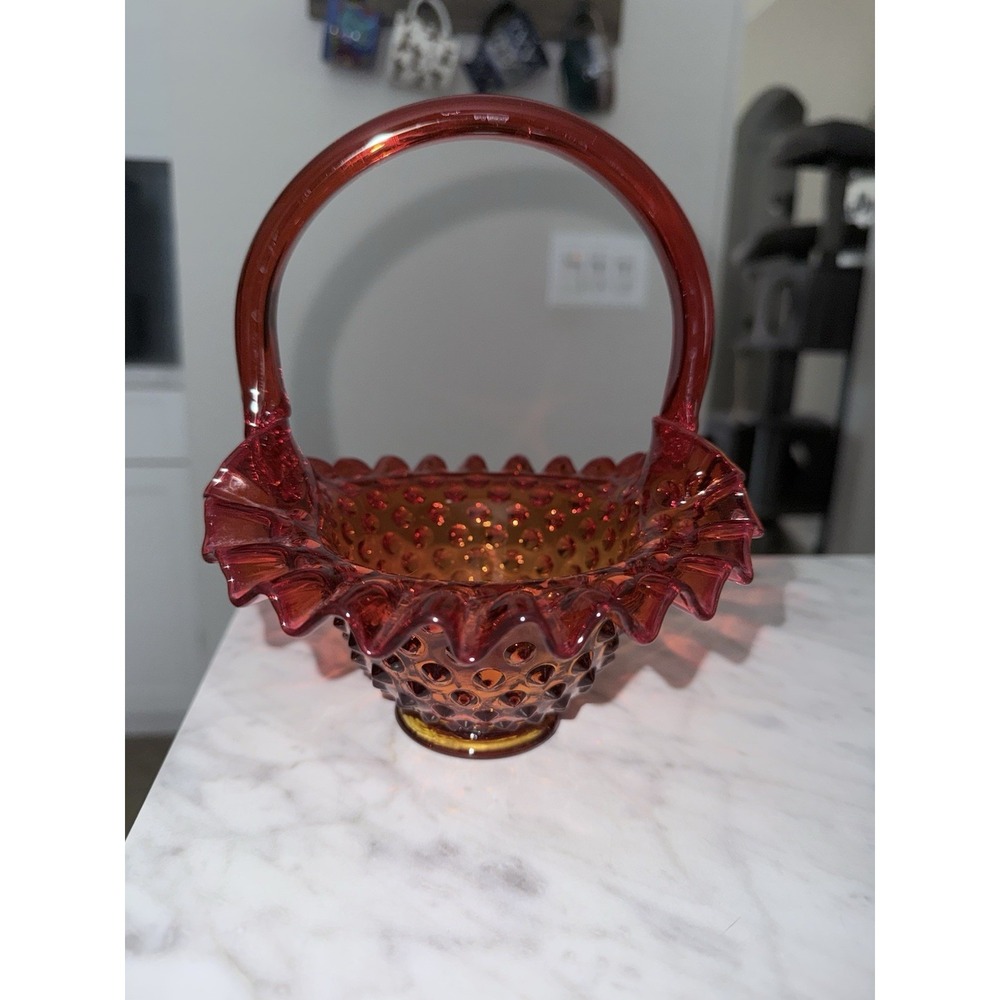Vintage Fenton Amberina Hobnail Glass Basket Ruffled Rim Cadmium Glow
